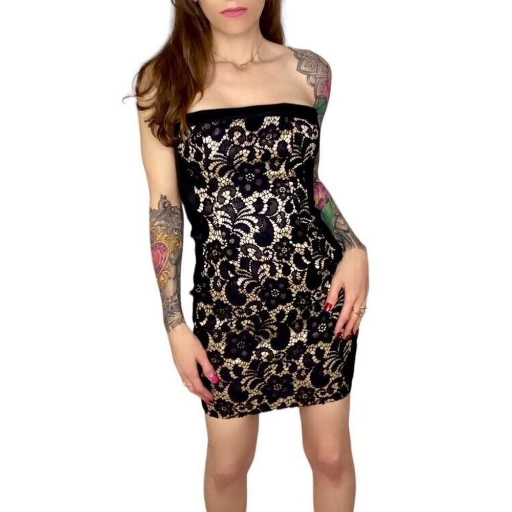 Vintage Cache Lace Overlay Formal Party Little Black Mini Strapless Dress Size 0